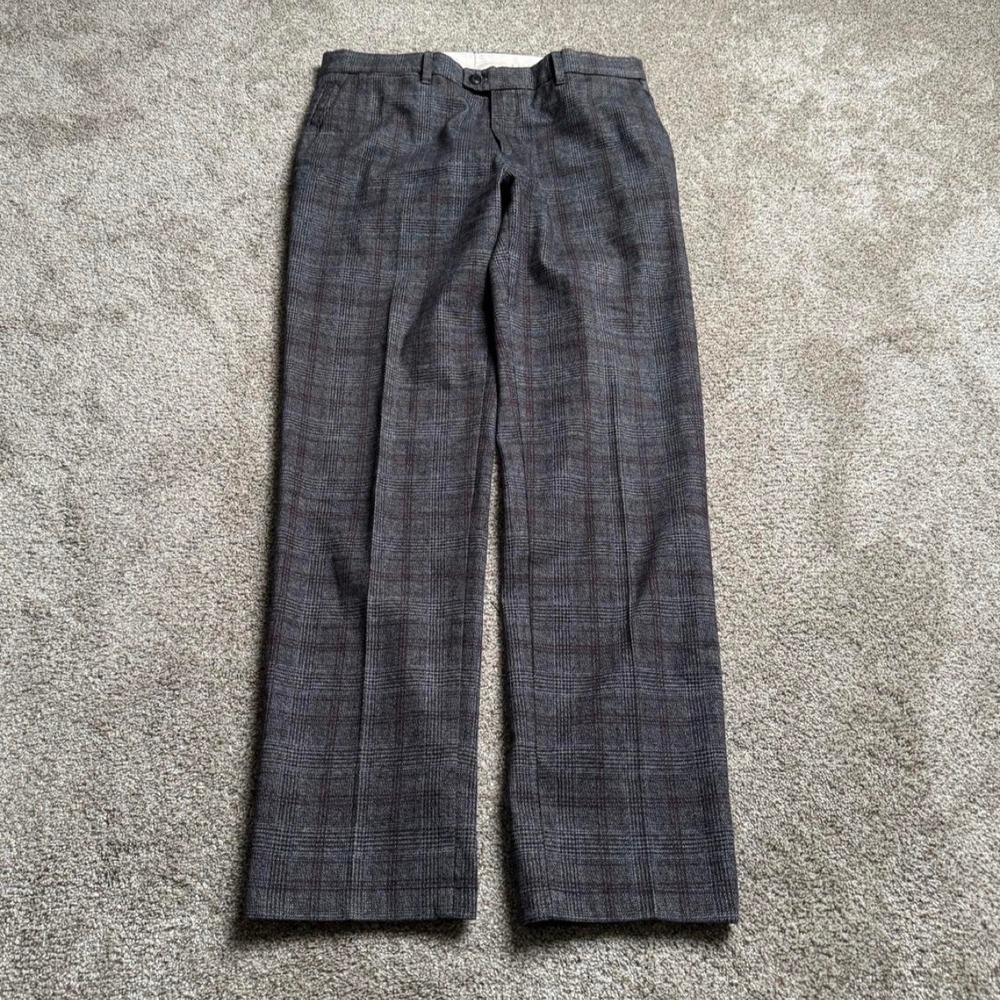 GREY BRAX PLAID WOOL TROUSERS
